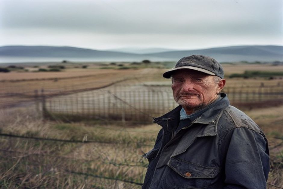 Alambrado con cartel de propiedad privada en la estepa patagónica bajo cielo nublado
