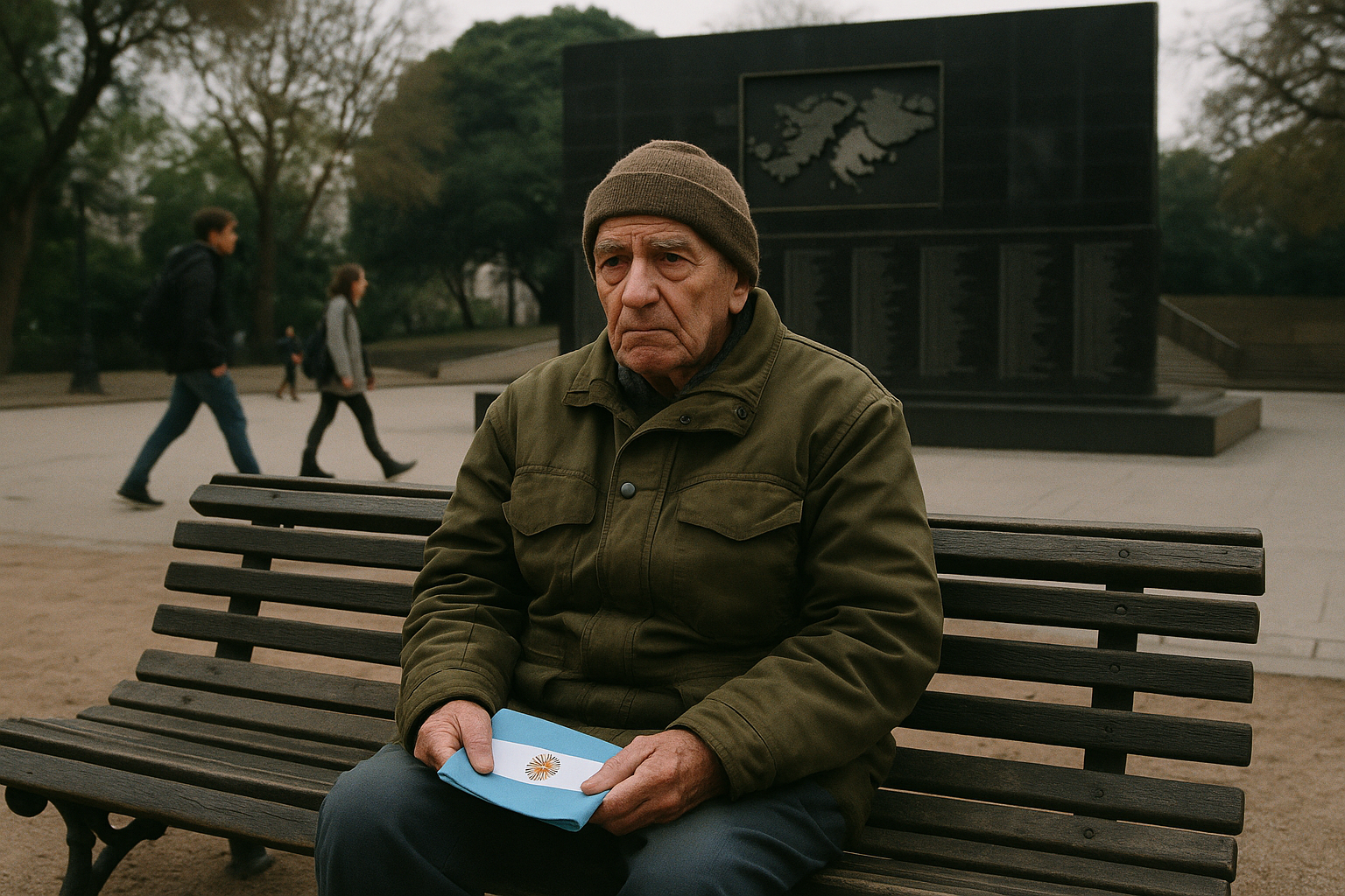 Un veterano de Malvinas sentado frente al monumento de Retiro sostiene una bandera argentina doblada.