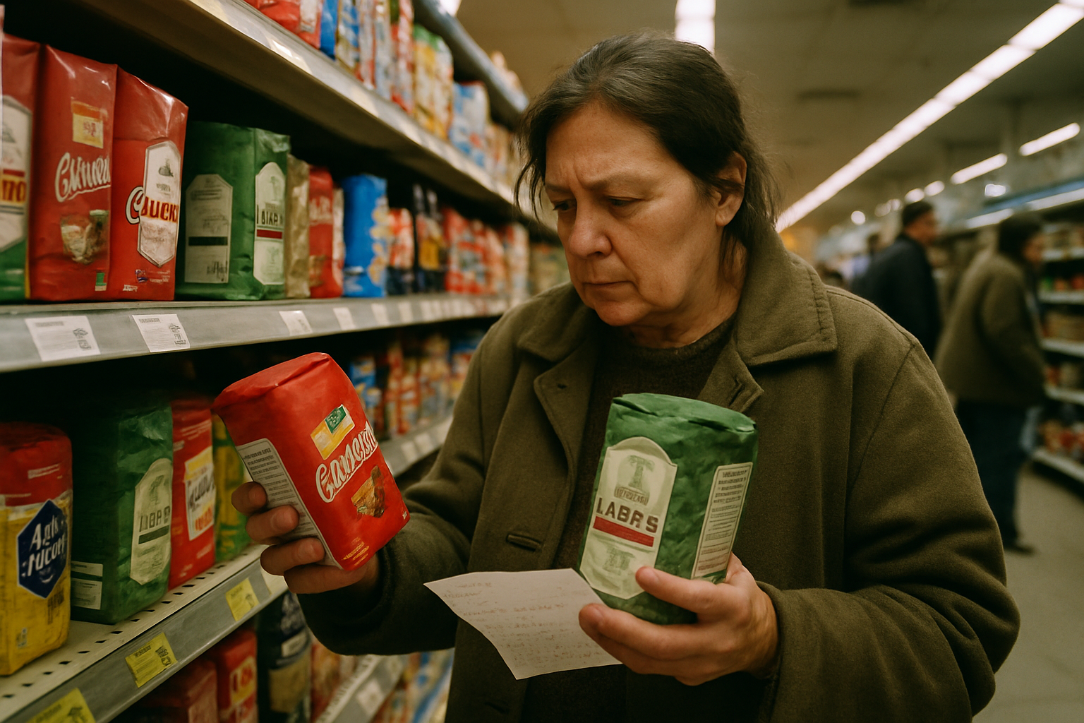 Mujer compara precios de yerba mate en góndola de supermercado porteño bajo luz fluorescente.
