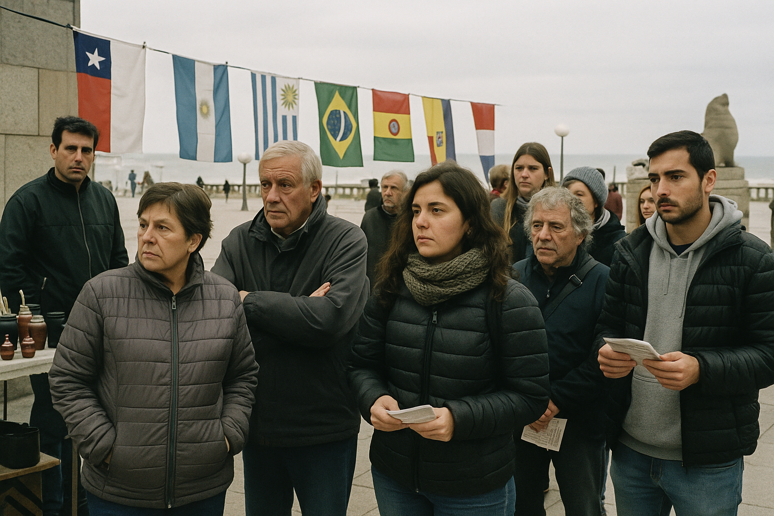 Líderes latinoamericanos reunidos en cumbre diplomática, banderas de varios países al fondo