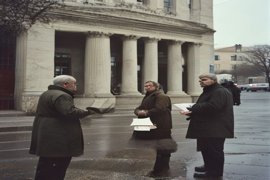 Grupo de personas mayores con carteles frente a un tribunal federal porteño en invierno