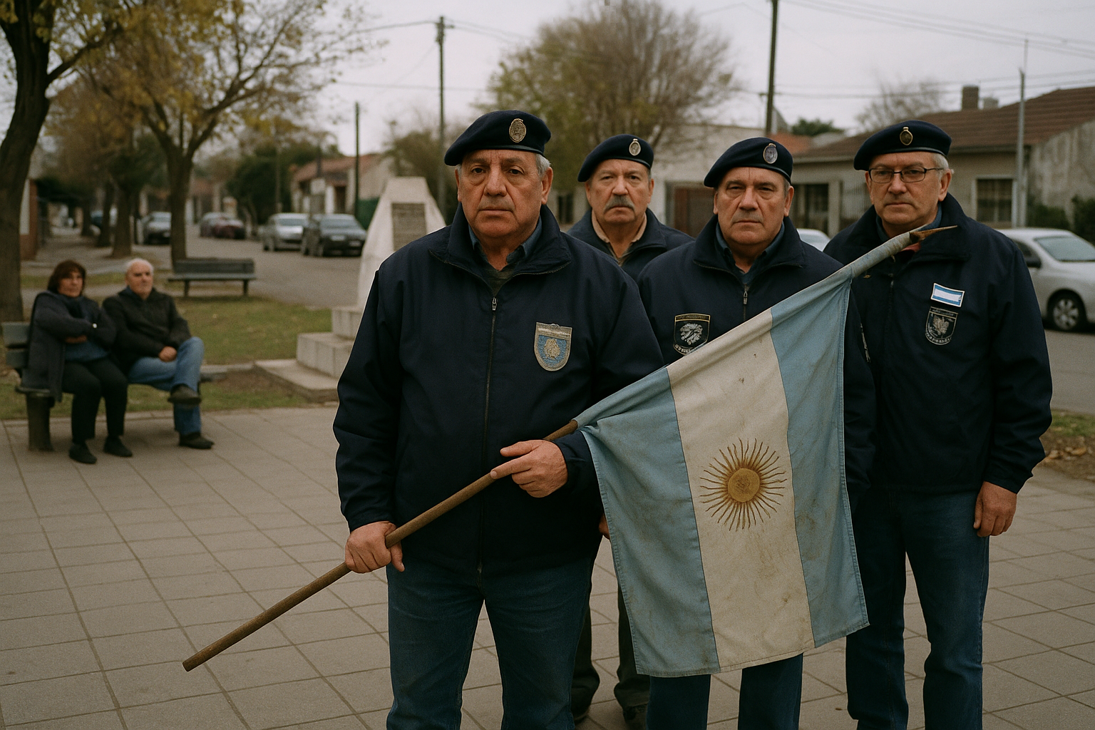 Veteranos de Malvinas con boinas azules sostienen una bandera argentina en una plaza barrial durante un acto.