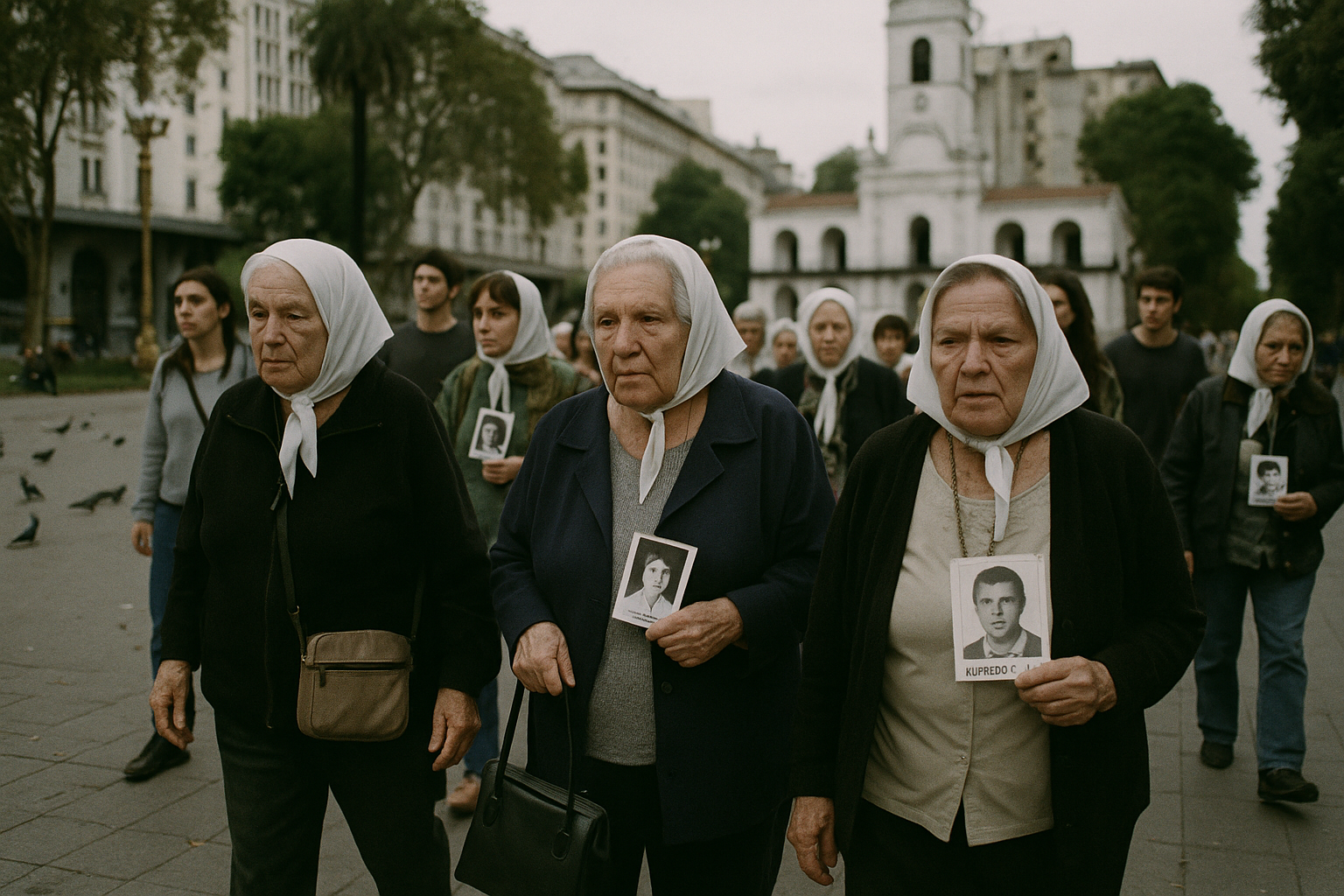 Madres de Plaza de Mayo con pañuelos blancos caminando alrededor de la pirámide una tarde nublada.