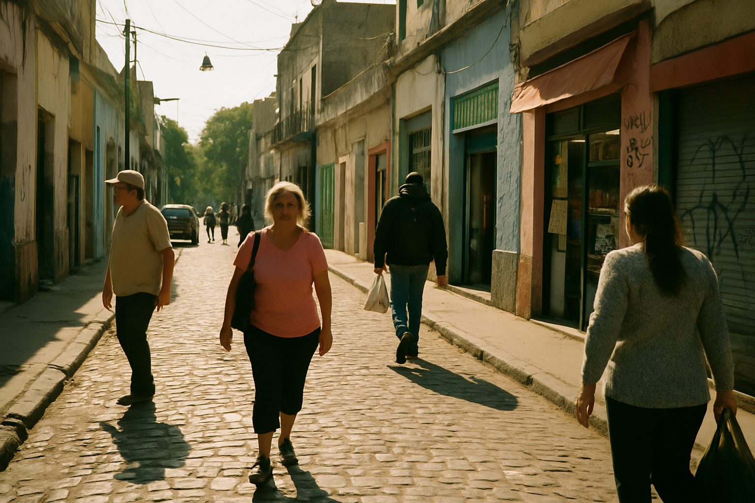Personas caminando por una calle empedrada en un barrio popular de Buenos Aires