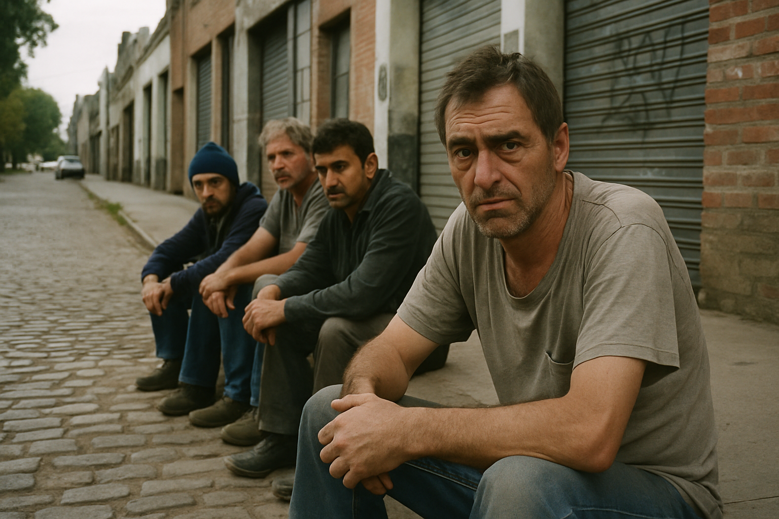 Trabajadores desempleados sentados en la vereda de un barrio industrial