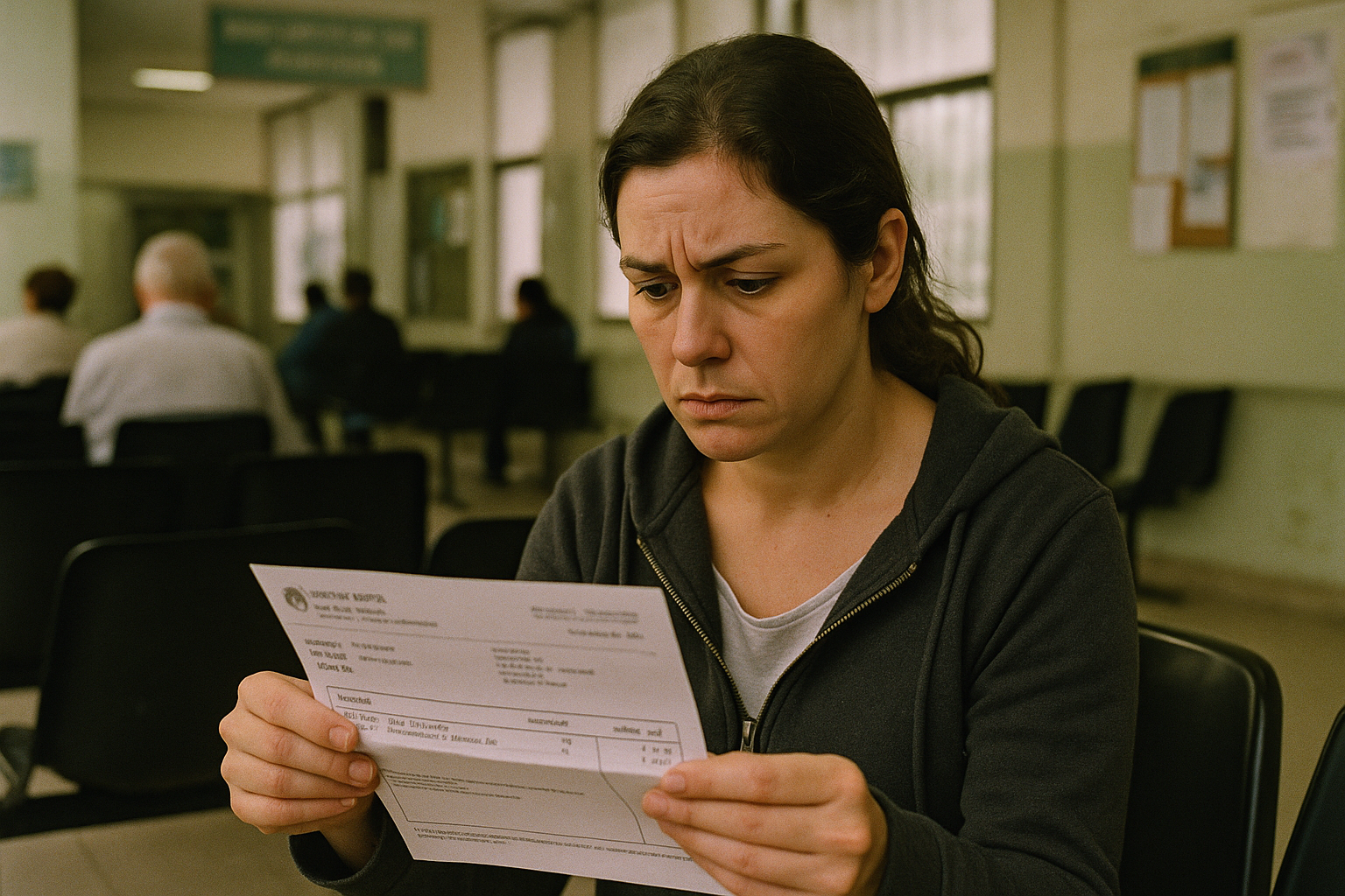 Mujer revisando una factura médica en una sala de espera