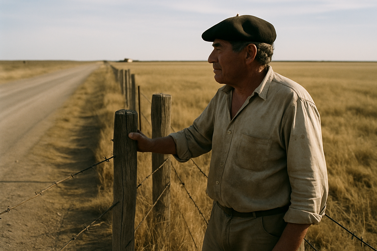 Productor rural criollo junto a un alambrado en campo patagónico bajo luz de tarde