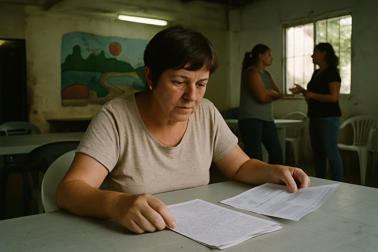 Mujer revisa papeles de finanzas personales en mesa de centro comunitario bonaerense