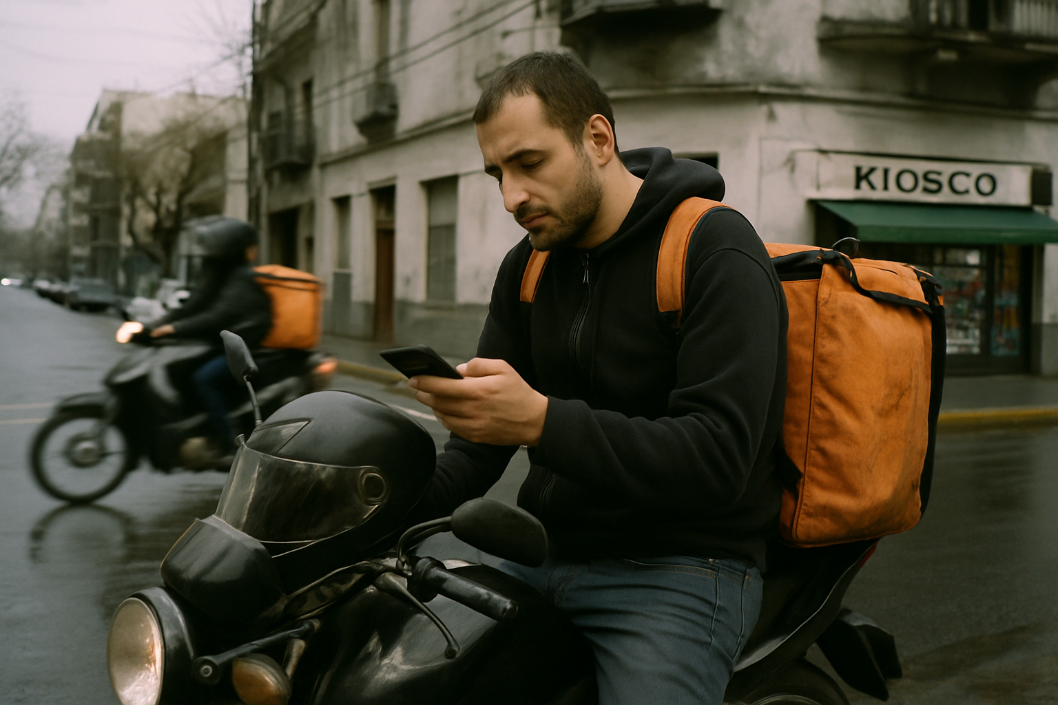 Repartidor joven descansa en el cordón junto a su moto revisando el celular al atardecer