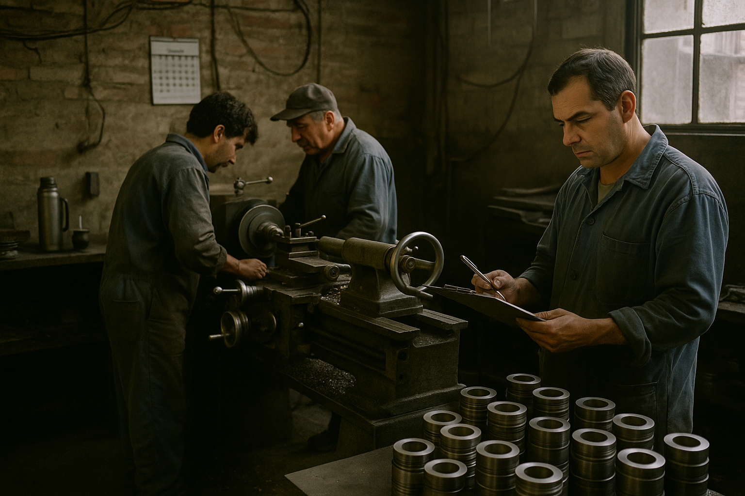 Tres trabajadores operan un torno en un pequeño taller metalúrgico del conurbano bonaerense.
