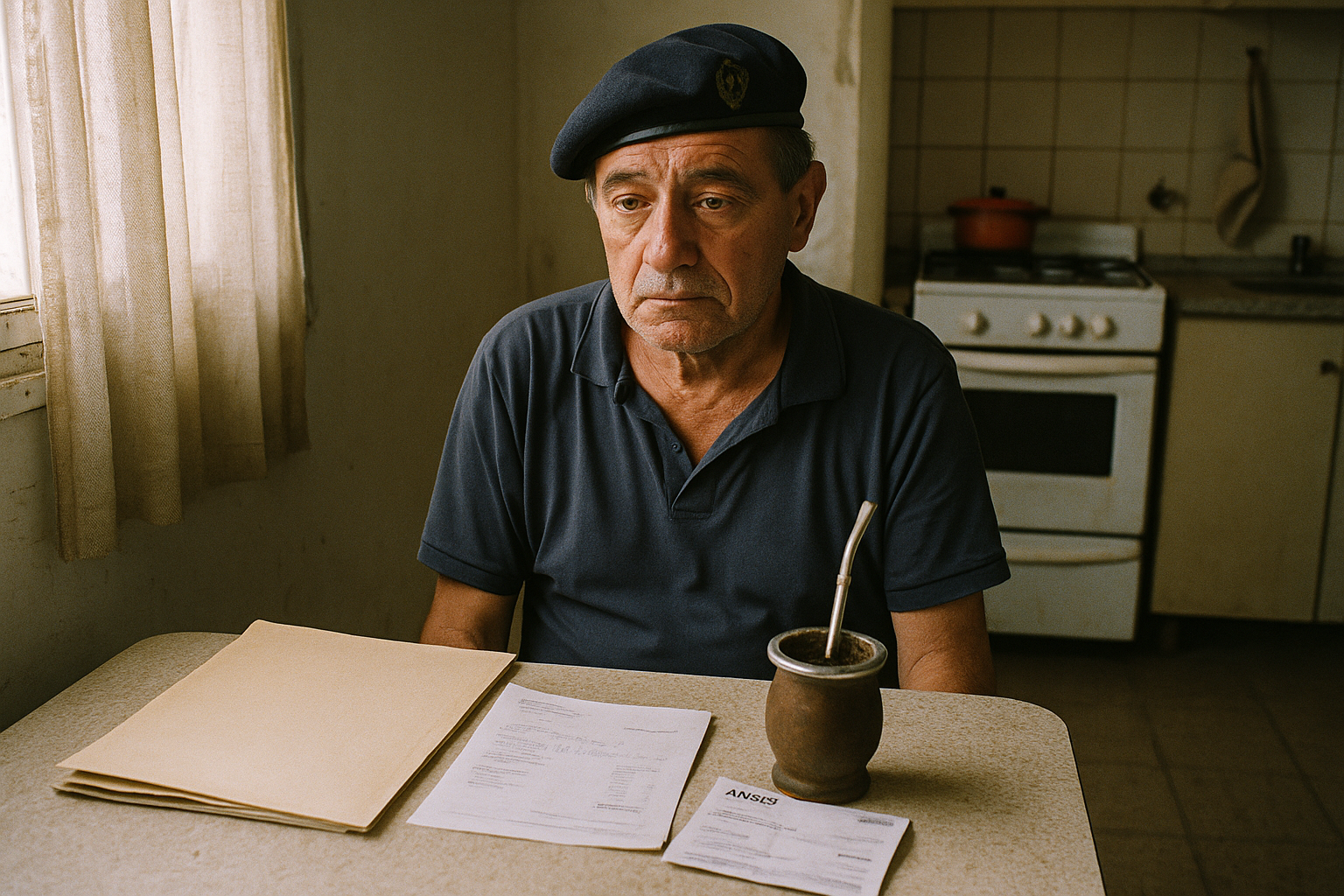 Un veterano de Malvinas revisa recetas médicas y un recibo de ANSES sobre la mesa de su cocina